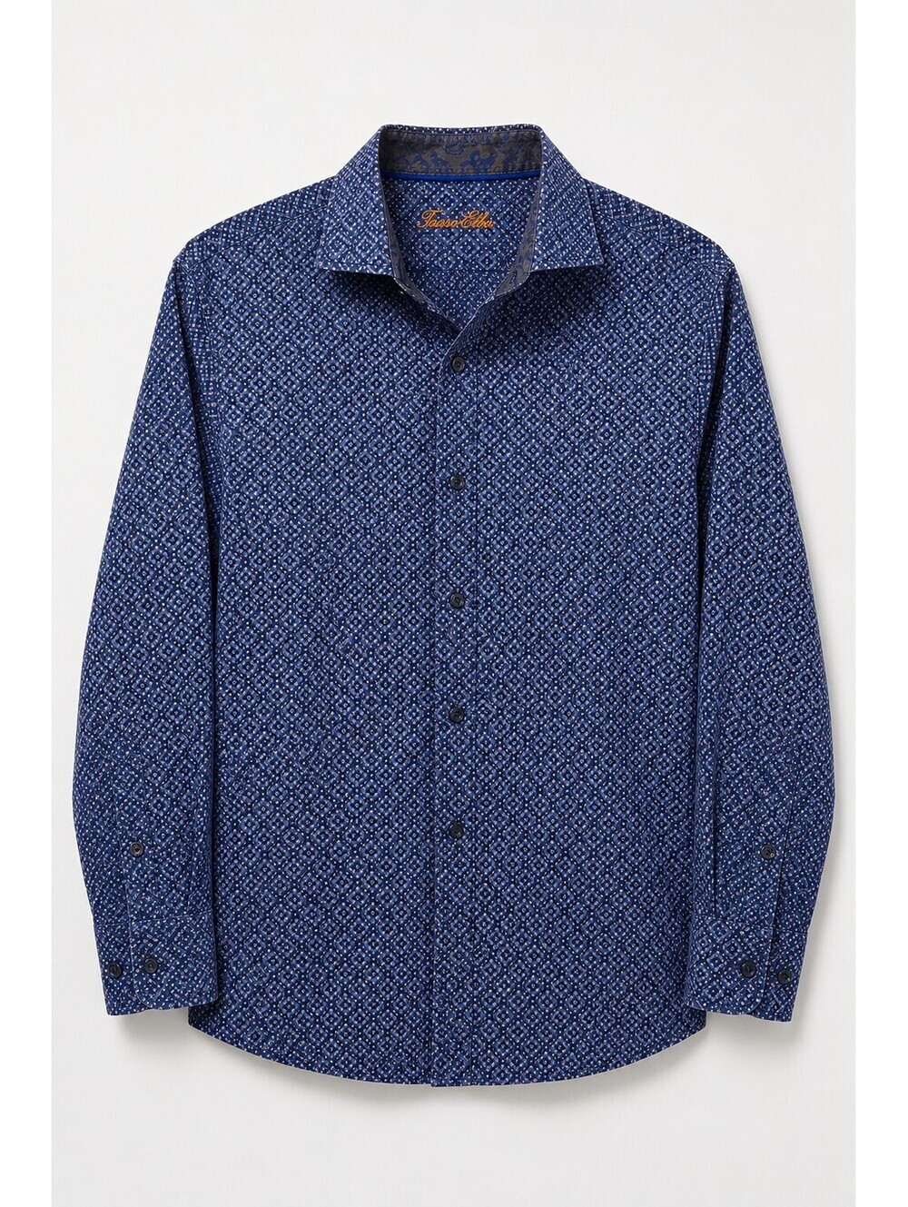 Tasso Elba Men's Blue Geometric Print Button Up Shirt 100% Cotton Long Sleeve